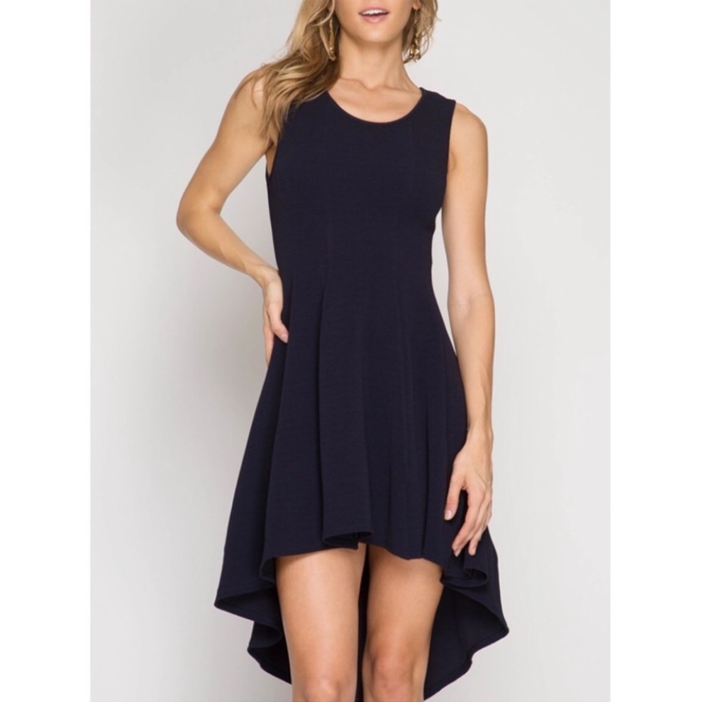 Navy Blue High Low, Fit and Flare Skater Dress
